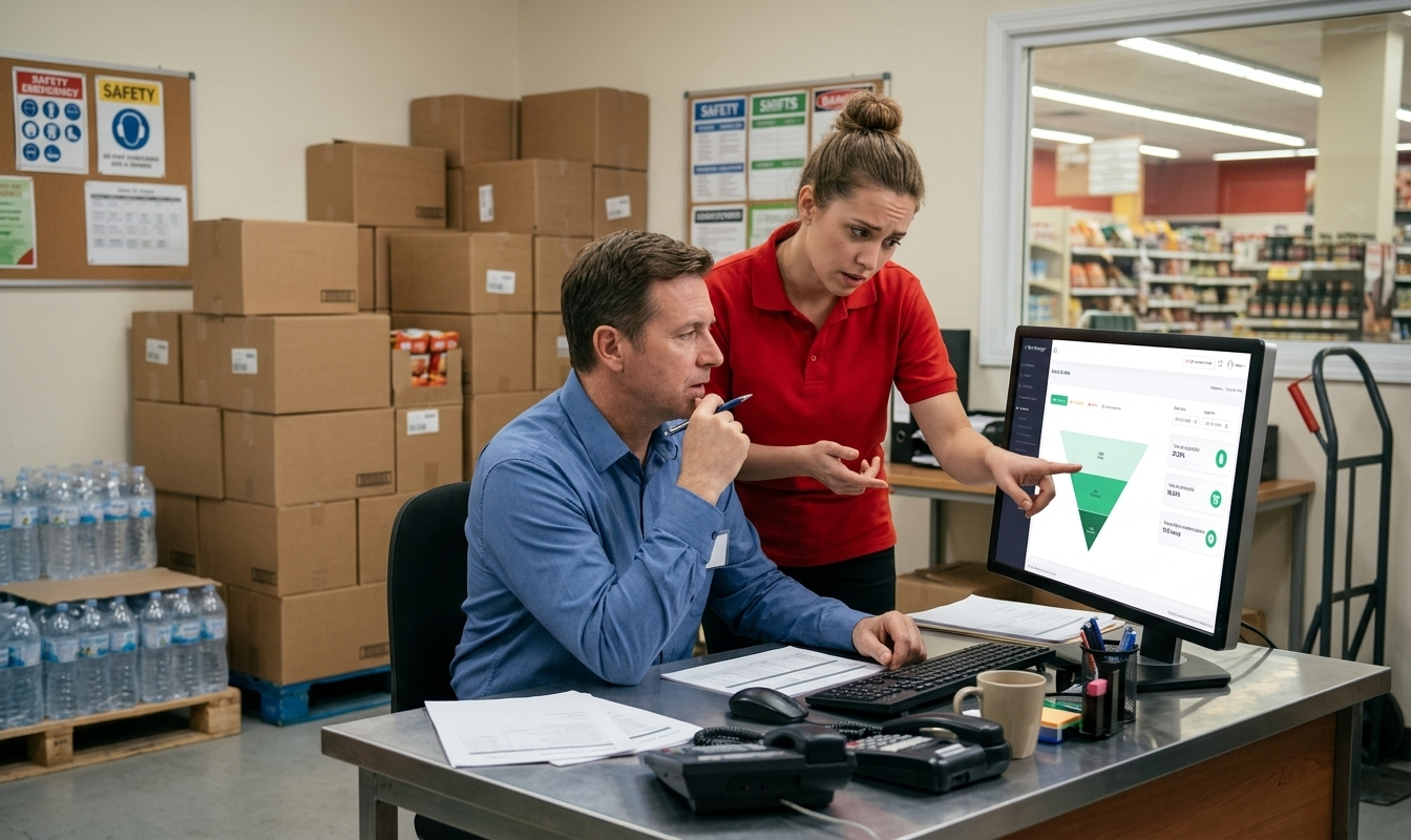 O gerente e uma funcionária do supermercado analisando o relatório de ciclo de vida do Sim Manager