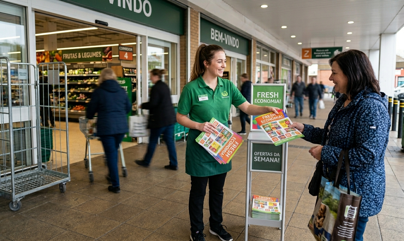 Funcionária do Supermercado distribuindo folhetos de ofertas