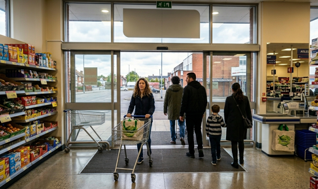 Clientes entrando e saindo do supermercado