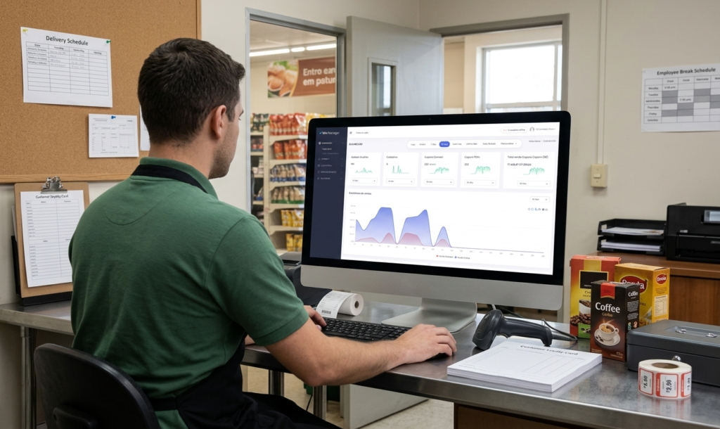 Funcionário do Supermercado analisando Relatórios do Sim Manager