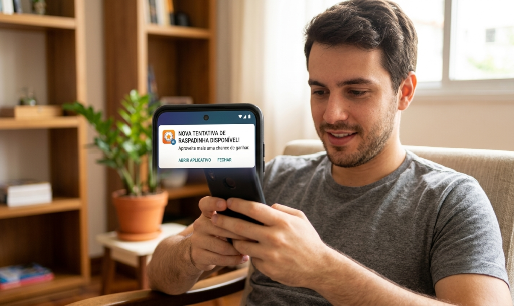 Cliente usando aplicativo de supermercado no celular em casa ao receber uma notificação de nova tentativa de raspadinha.