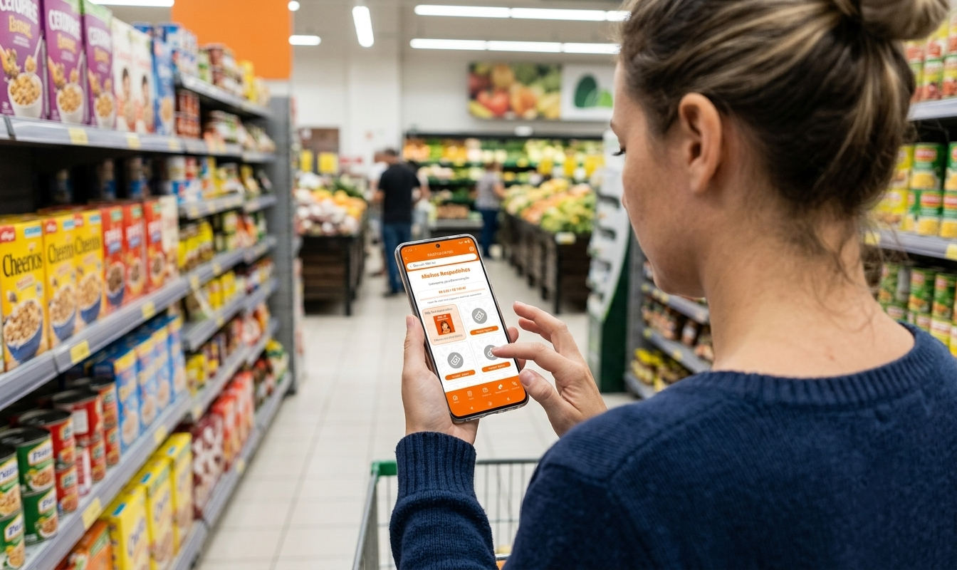Cliente usando aplicativo de supermercado no celular enquanto faz compras em um corredor de mercado.