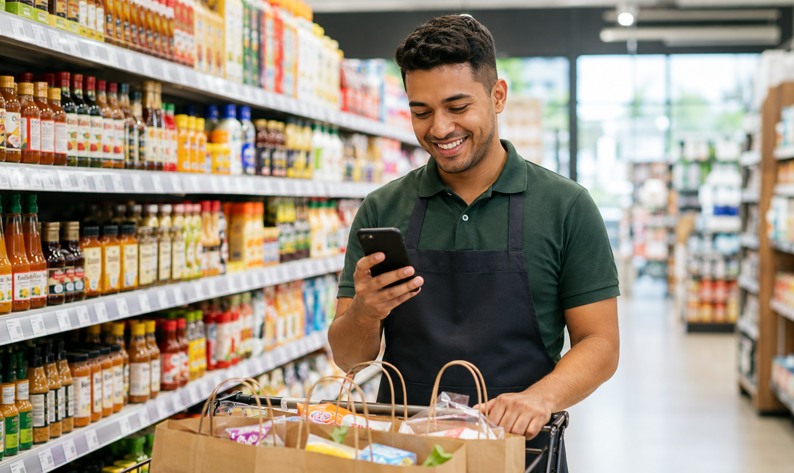 Funcionário do Supermercado segurando um Smartphone enquanto faz a separação dos itens do pedido