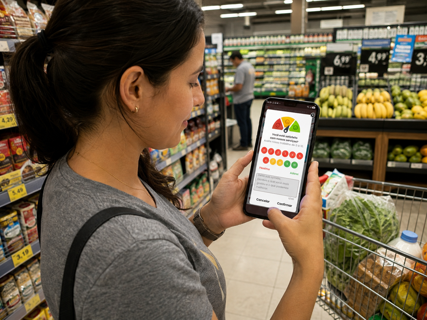 Cliente realizando a avaliação NPS pelo aplicativo do supermercado.
