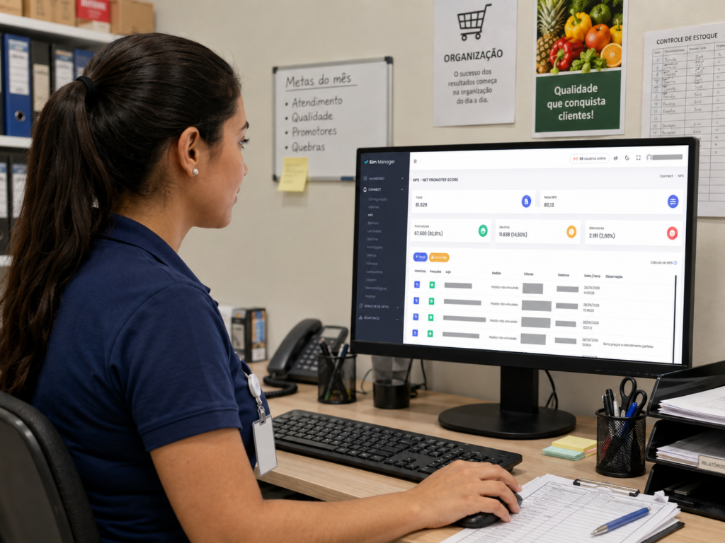 Funcionária do supermercado analisando as métricas de NPS pelo Sim Manager.