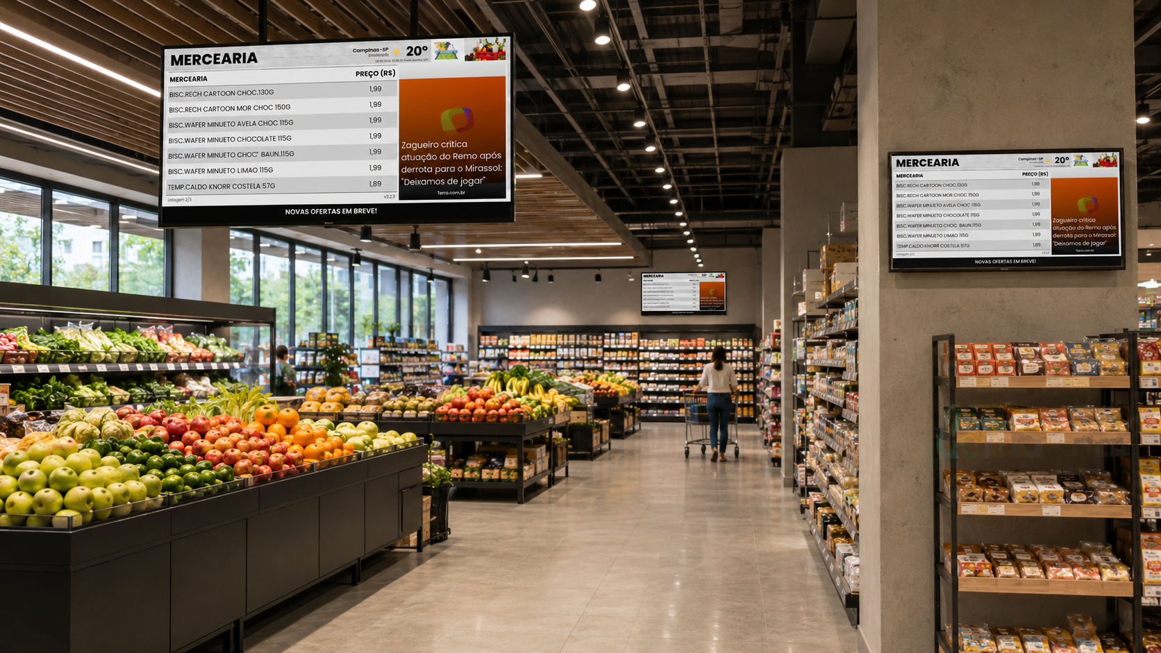 Supermercado com divresas TVs com o Media Sim configurados