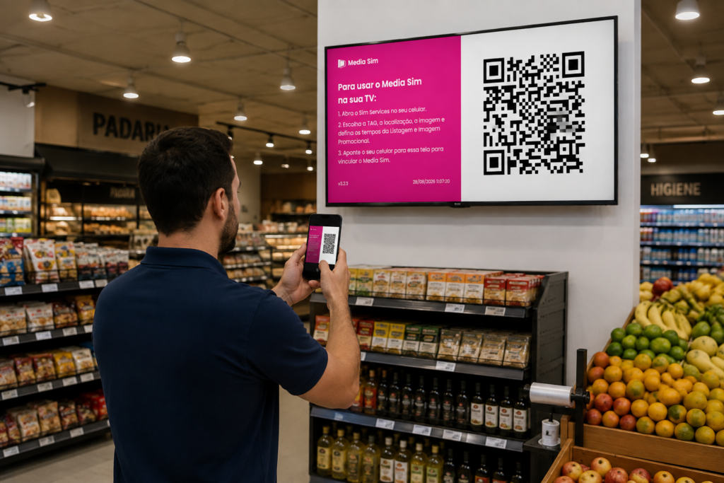 Funcionário do supermercado lendo o QRCode exibido na TV